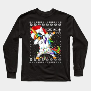 Unicorn Girls Boys Ugly Xmas Sweater Lighting Santa Hat Christmas Long Sleeve T-Shirt